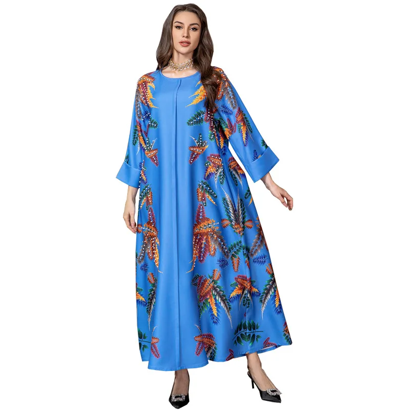 

Abaya Dress Arab Dubai Fashion Printing Diamonds Casual Homewear Abayas for Muslim Women Ramadan Eid Robe Moroccan Africa Caftan