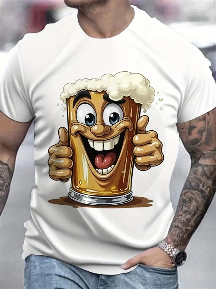 New Men's Summer Fashion Casual Loose-fit T-shirt with Beer Mug Print Round Neck Short Sleeves Large Size Casual Short Sleeves