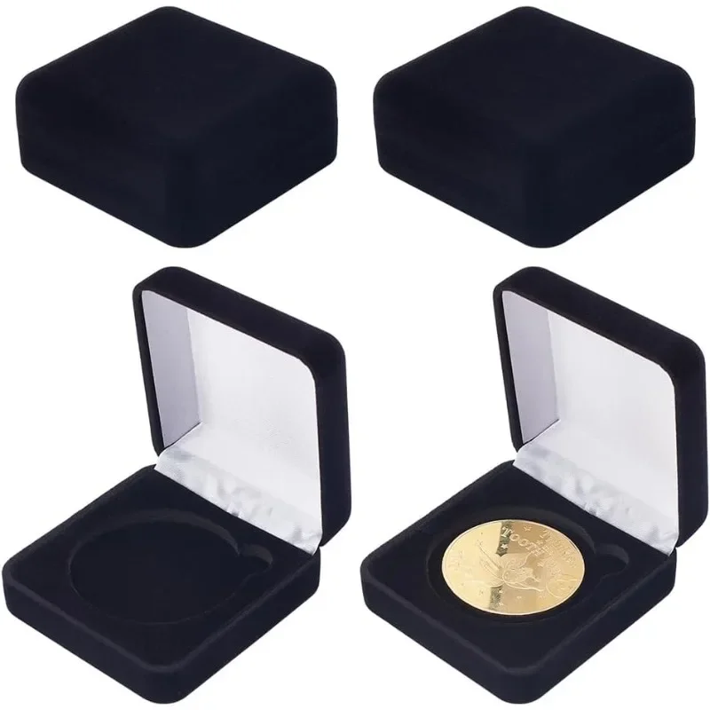 4 Pcs 50mm Black Velvet Challenge Coin Storage Gift Box 2.58x2.58x1.4 Square Badge Presentation Display Box Single School Emblem