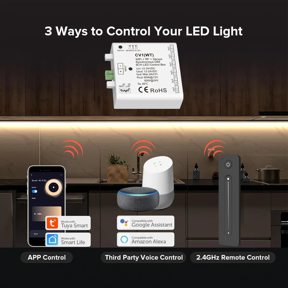 WiFi RF Sensor Synchronous DIM 6 CH LED Control Box Fade Time 3s TUYA APP RF Wireless Sensor Smart Dimming for Cabinet LED Strip