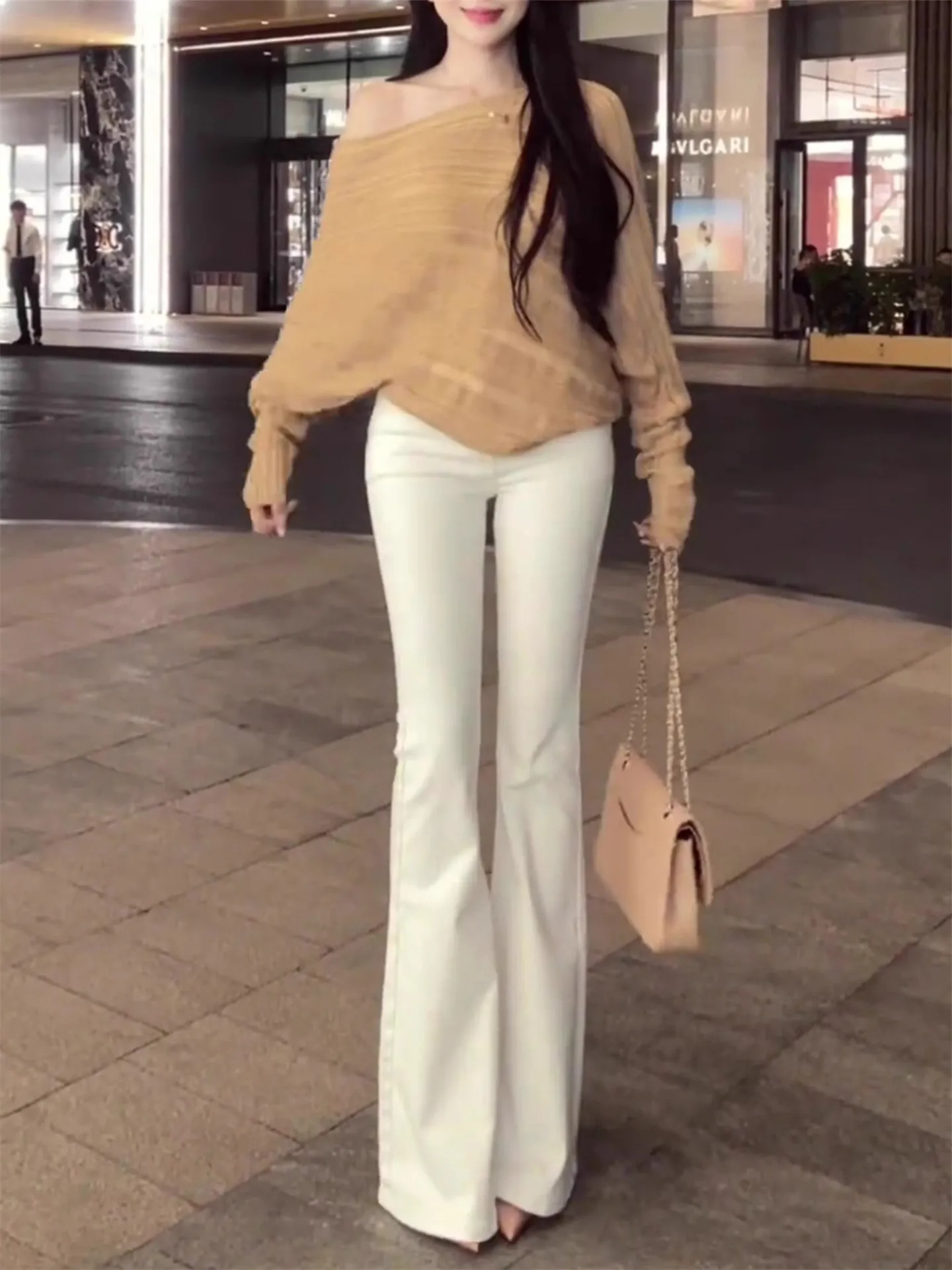 

American Street Style White Flared Jeans Women's Spring Autumn Tight Elastic Slimming Long Floor-Length Pants Casual High Wai...