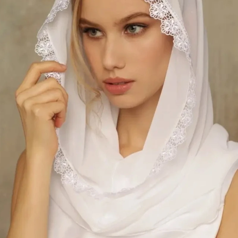 Woman Lace Veil Wedding Church Lace Trim Veil Lightweight Scarf with Floral Pattern Hot Weather Muslims Girl Drop Shipping