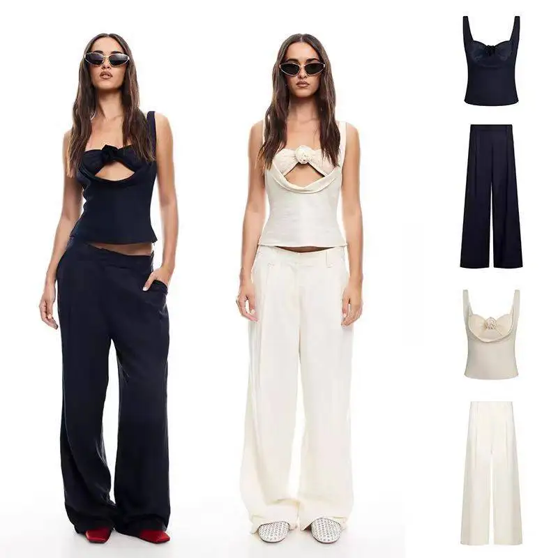 

Lioness New Sexy Linen 3D Floral Lace Strapless Two-Piece Top with Straight-Leg Loose Pants