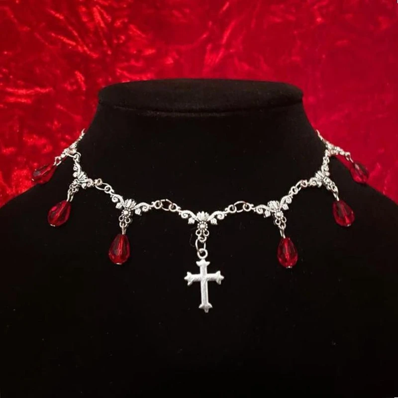 Vampire Bite Chokers Blood Drips Cross Necklace Romantic Gothic Victorian Gorgeous Jewelry Fashion Women Halloween Party Gift