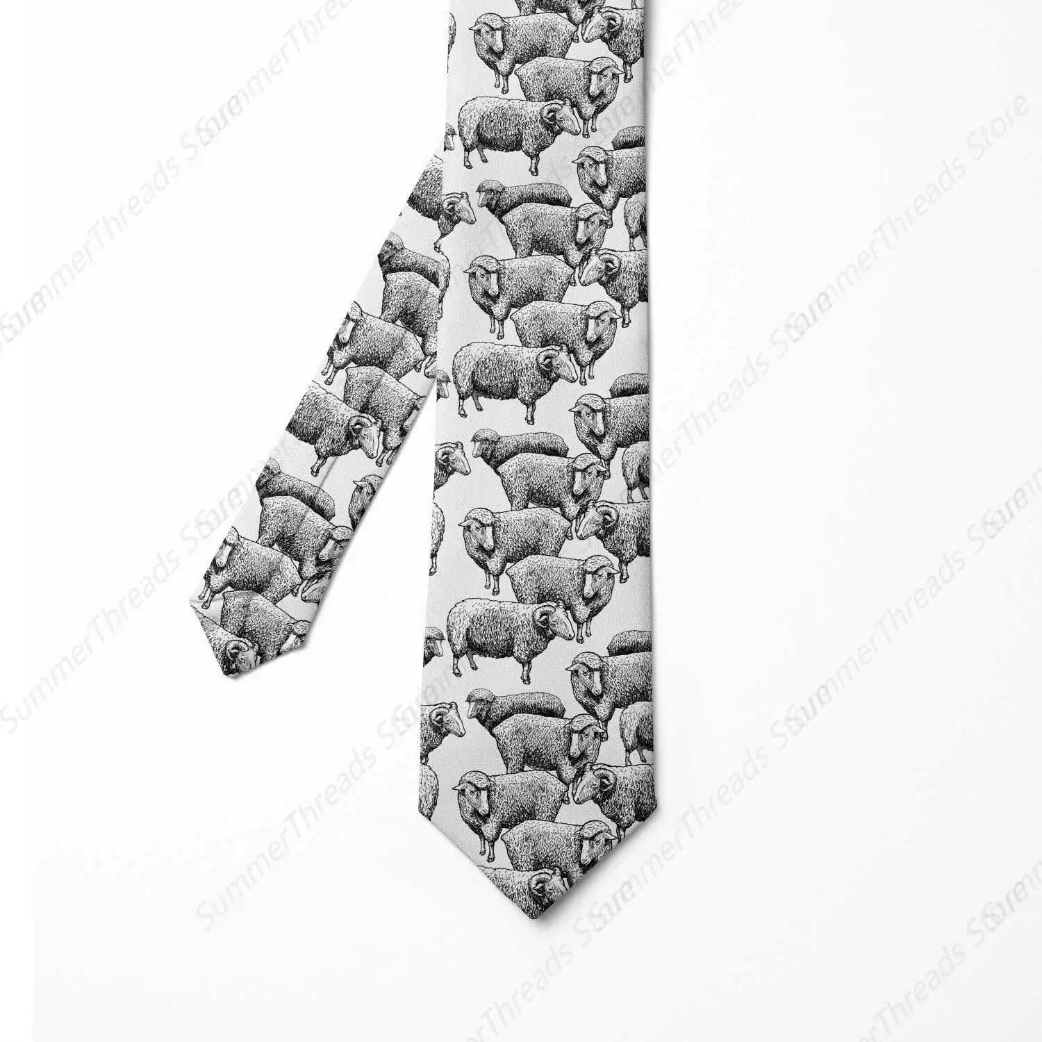 Cravatta da uomo, Vintage Sketch Sheep bianca e nera