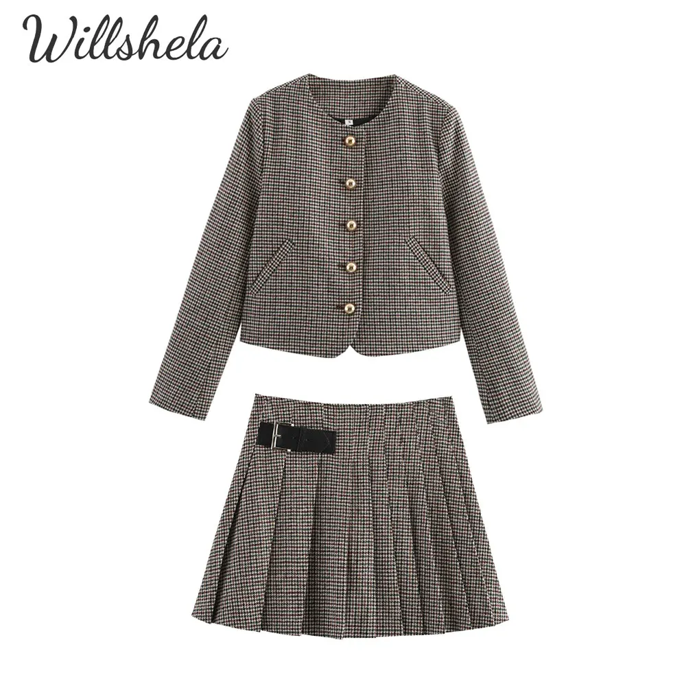

Willshela Women Fashion 2 Pieces Sets Houndstooth Blazer and A-Line Skirt Female Chic Lady Casual Mujer Skirt Coordinates