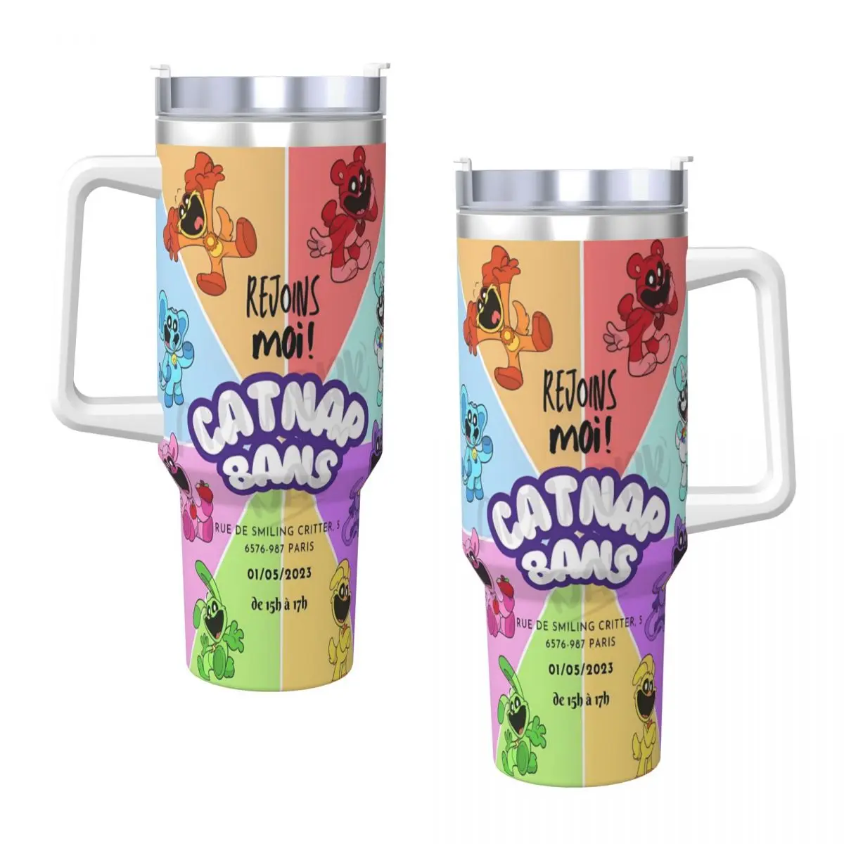 Stainless Steel Tumbler Smiling CatNap Dogday Car Mugs With Straws Driving Cold and Hot Water Bottle Keep Heat 40oz Thermal Mug