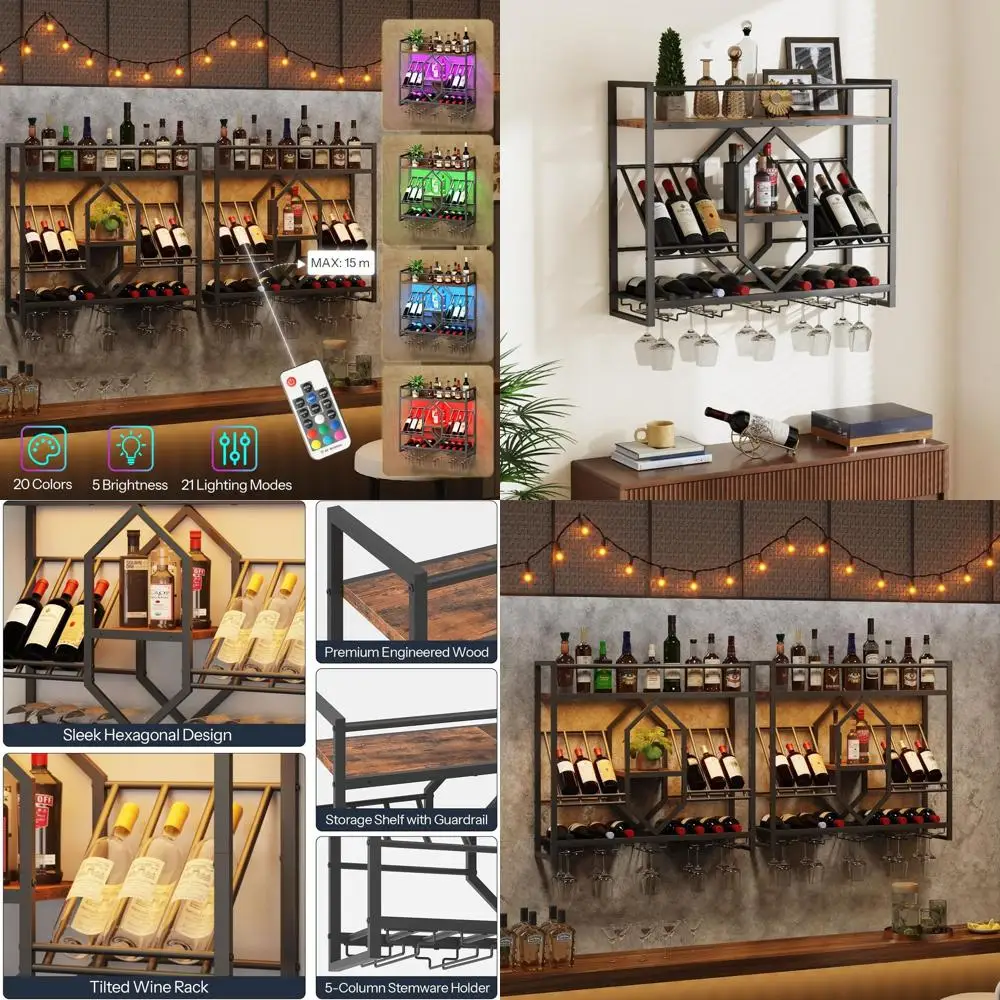 

3-Tier Wall-Mounted Wine Rack with LED Light, 31.5 Glass Holder Shelf, Rustic Brown and Black Hanging Bar Storage for Kitchen an
