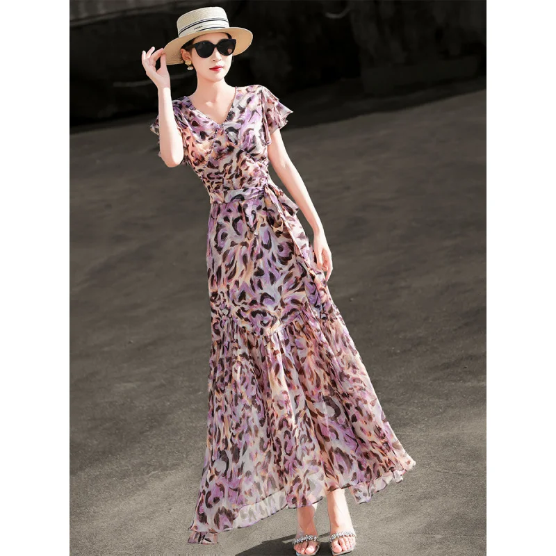 

MEXCOCO 2026 Summer French Elegant Wrap V Neck Ruffle Sleeve Purple Leopard Print Self Tie Waist Split Tiered Chiffon Maxi Dress
