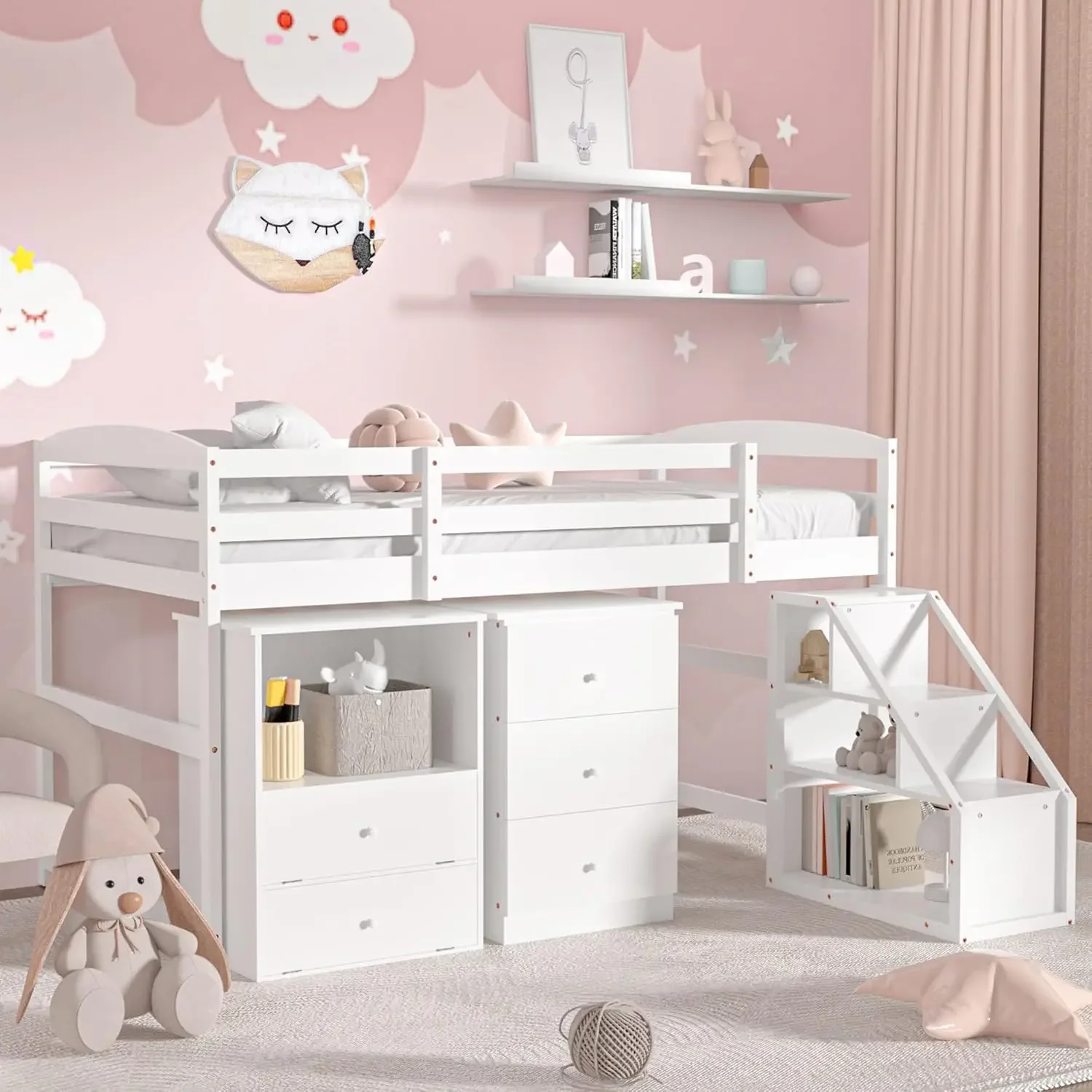 Loft Bed with Pullable Storage Staircase and 2 Cabinet, Wooden Stairway Loft Bed with Drawers and Shelves, Twin Size Bed Frame f