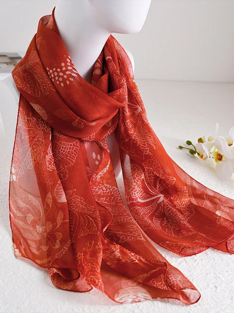 赤いシルクスカーフショール-ママスタイル-レディース-薄手-春秋-高級感-ファッションプリント-長方形スカーフ-全年齢対応