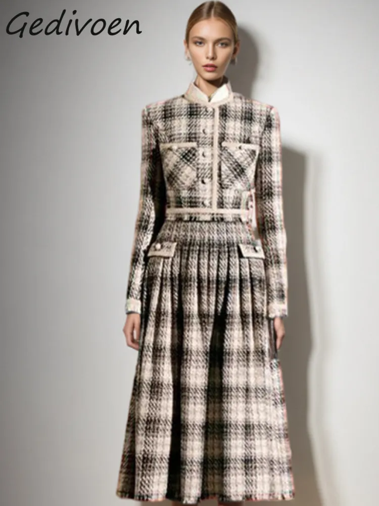 

Gedivoen Winter Fashion Runway Vintage Plaid Skirt Set Women Stand Collar Button Slim Short Coats+A-LINE Long Skirt 2 Pieces Set