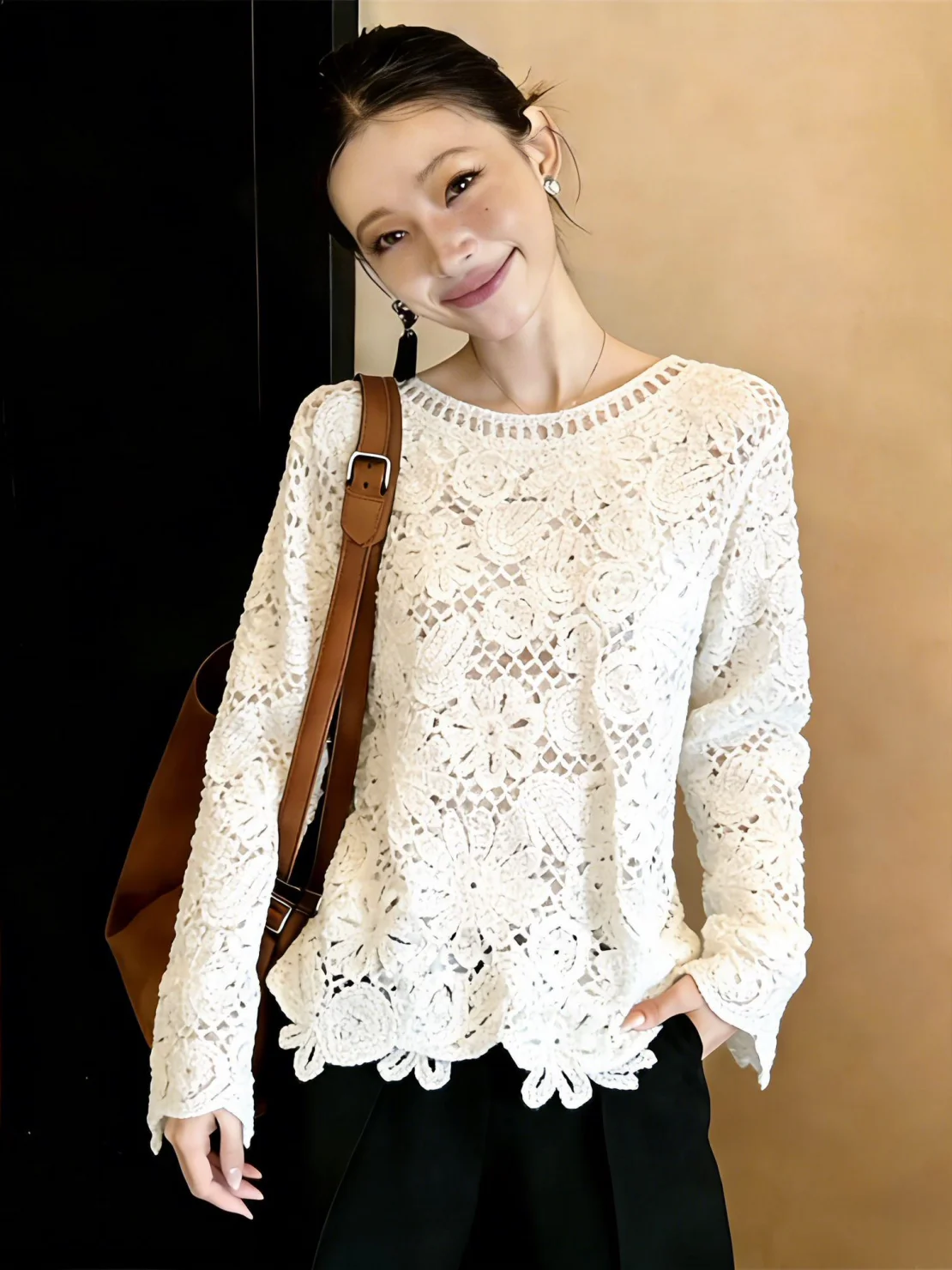 

Lace Hook Knitted Hollow out Knitwear Women's plus Size Spring New Style Layered Top Korean Style Loose Fit Long Sleeve