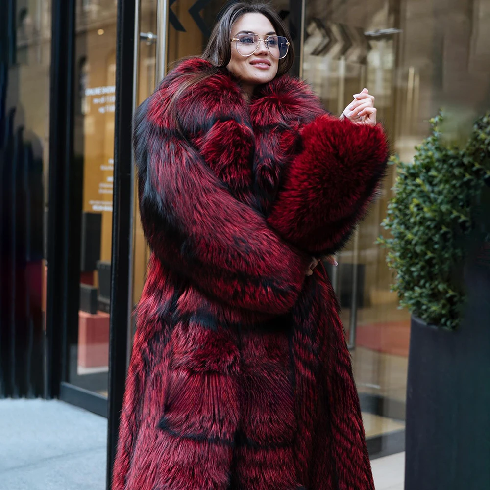 120Cm Lange Echt Zilveren Vossenbontjas Met Grote Turn-Down Kraag High Street Vrouwen Geneuen Volledige Vossenbontjassen Bovenkleding Vrouw