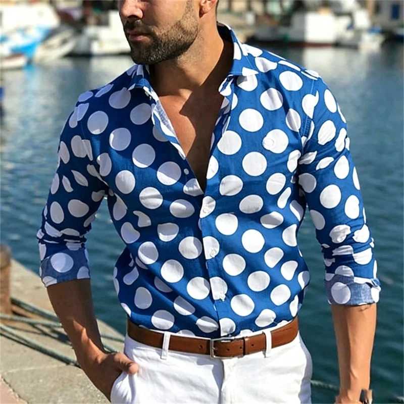 Men's shirt with large polka dot long sleeved shirt, European and American style casual collar, seaside vacation printed shirt