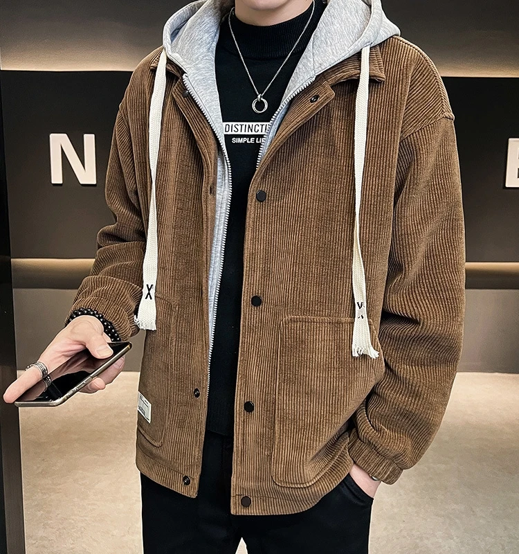 

Large Size Outdoor Casual Sports Hooded Corduroy Jaet Loose American High Street Zipper Coat for Men Warm Thiened Long Sl...