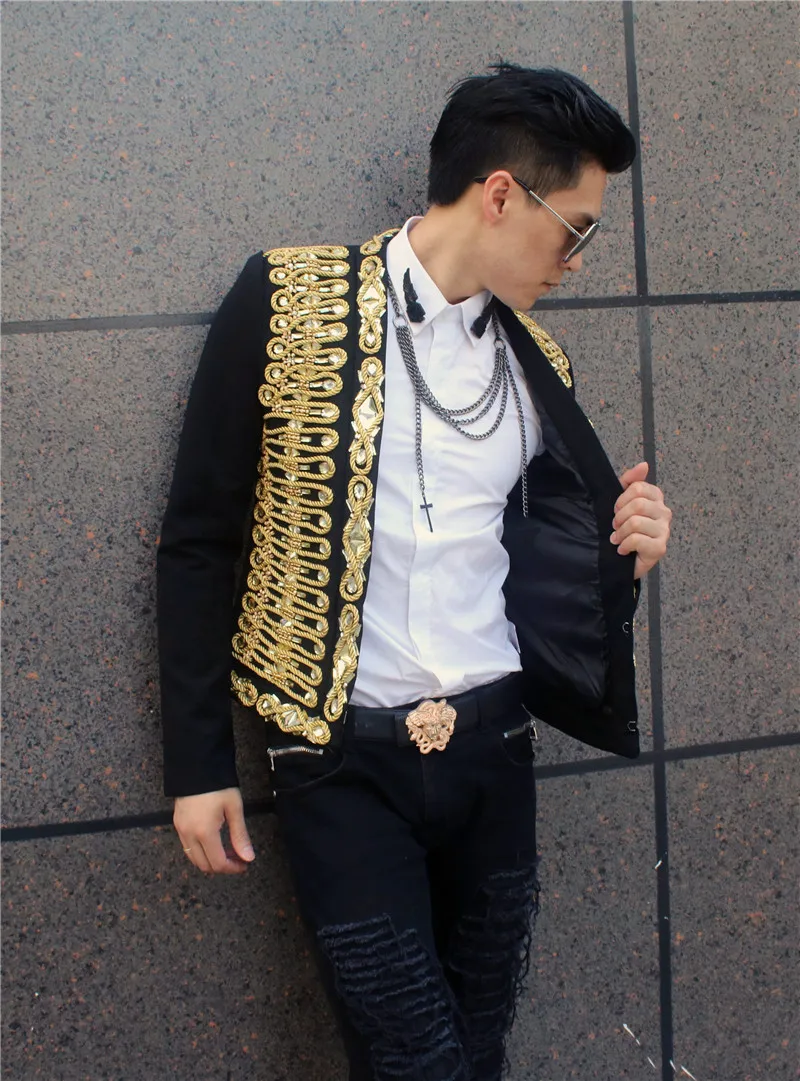 Lens Shiny Jacket Clothing Men's Gold Embroidered Suit Coat Slim  Dinner Dress Club Prom Bar Singer Stage Performance Clothes