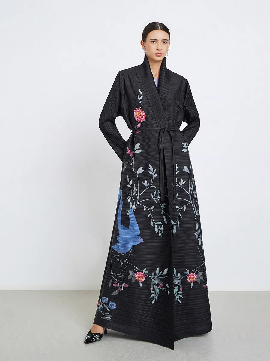 

Плиссированная черная Абая с ярким цветочным рисунком и птичьим мотивом, мягкая ткань, исламский халат с завязками, пояс с полным покрытием, скромная одежда, 2025 г., элегантный шик