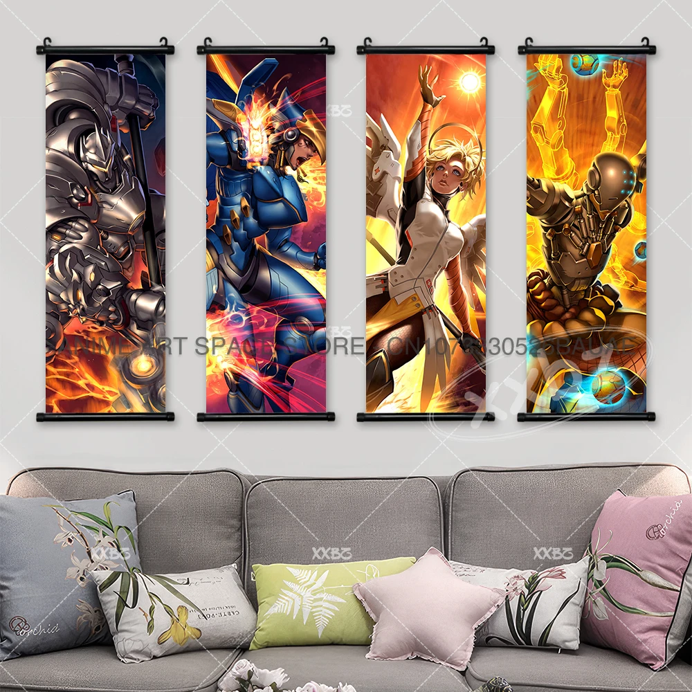 Overwatch Hanging Painting Sombra Game Poster Cassidy Wall Art Mei Scroll Picture Pharah Home Decoration Reaper Wallpaper Tracer