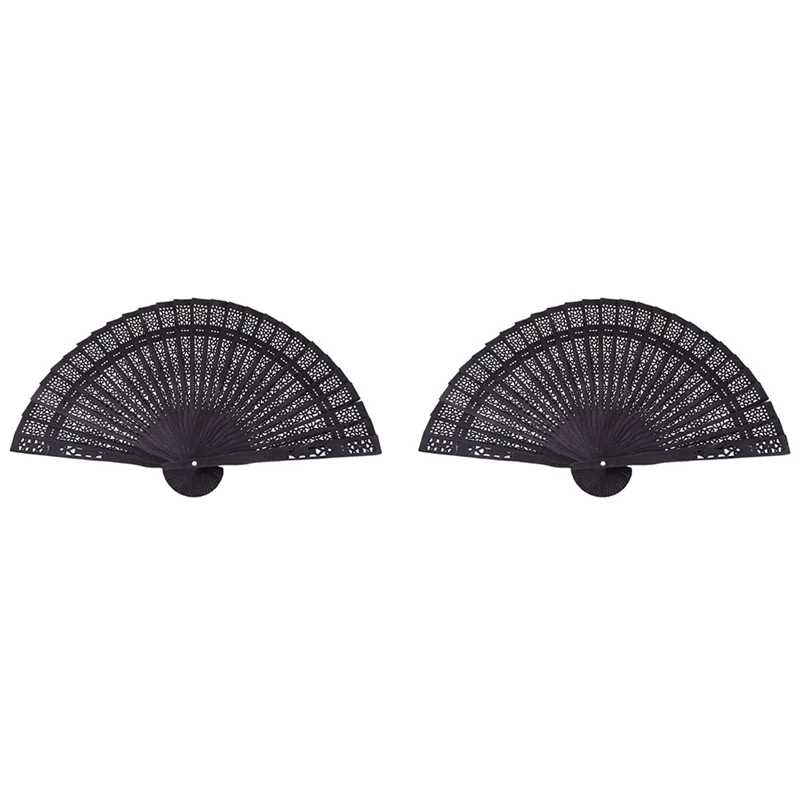 Chinês e Japonês Ventilador Dobrável, Mão De Madeira, Flor, Bambu Ventilador De Bolso, Preto, Original, 2Pcs, 8"