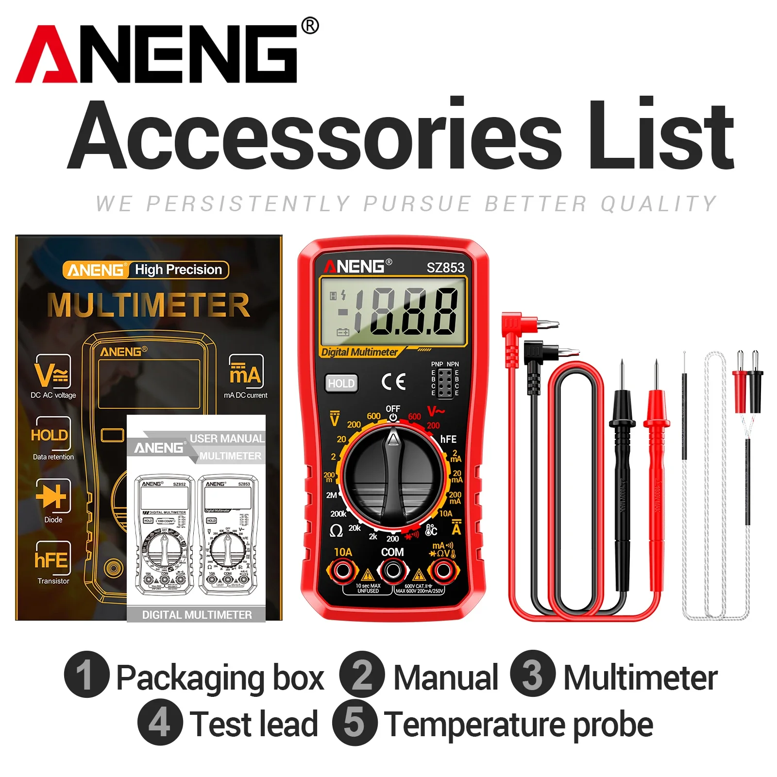 ANENG SZ853 Handheld Multimeter Temperature Measuring Meter HFE Transistor Test Low Battery Indication Electrician Multitester