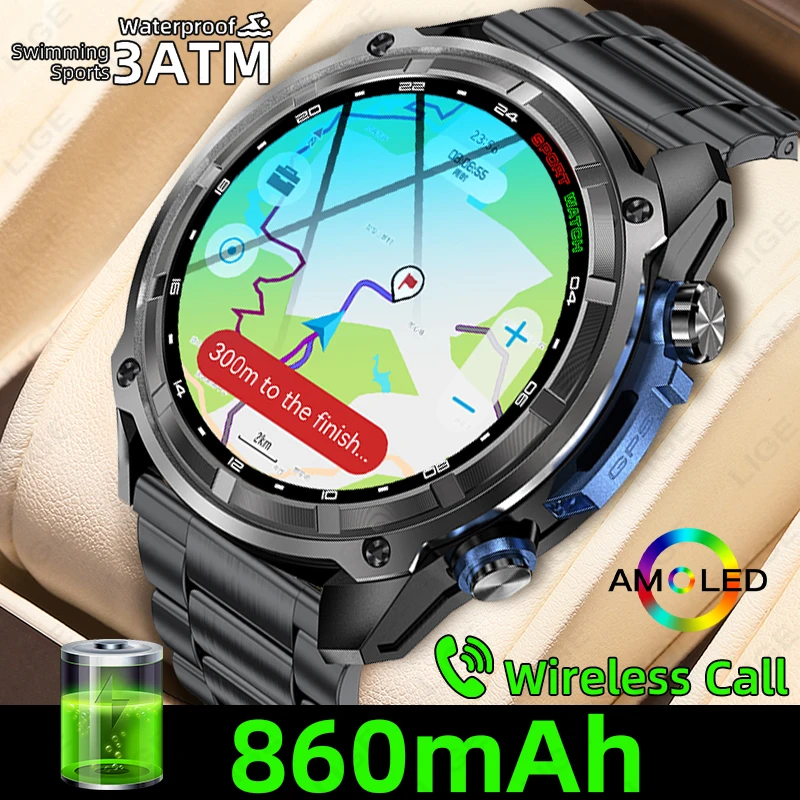 Lige novo gps track offline mapa bússola relógio inteligente 466*466 tela amoled 860mah bateria 3atm relógios à prova dwaterproof água vídeo smartwatch