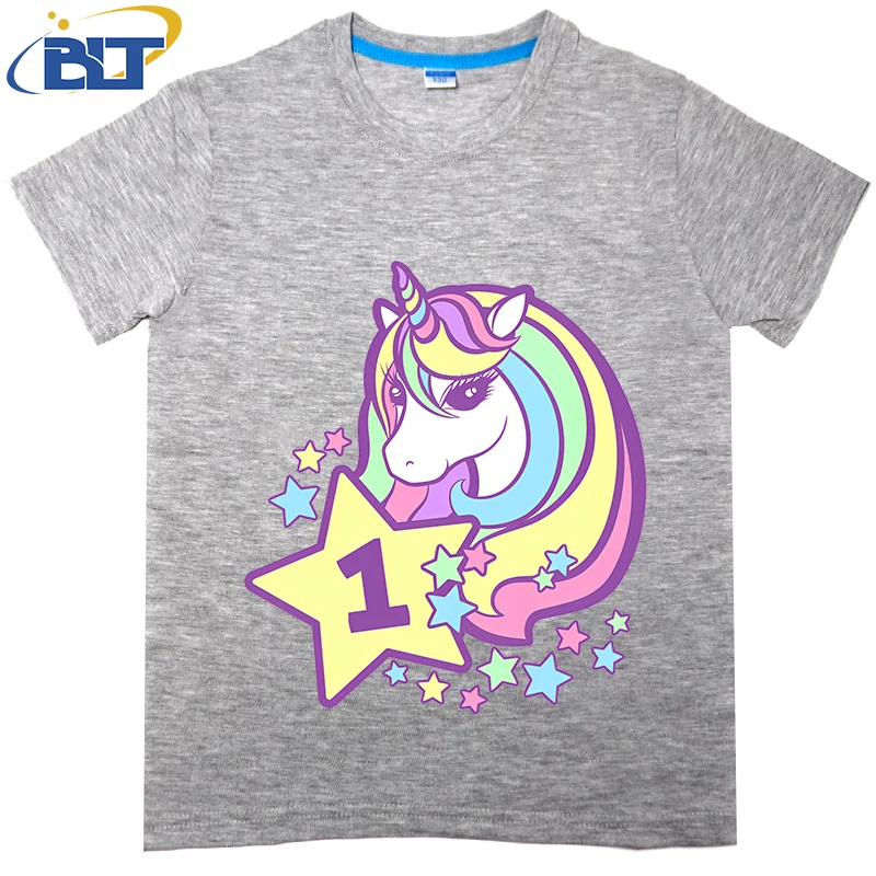 Birthday cute Unicorn girl’s printed children’s T-shirt, summer cotton short-sleeved casual top, suitable for boys and girls