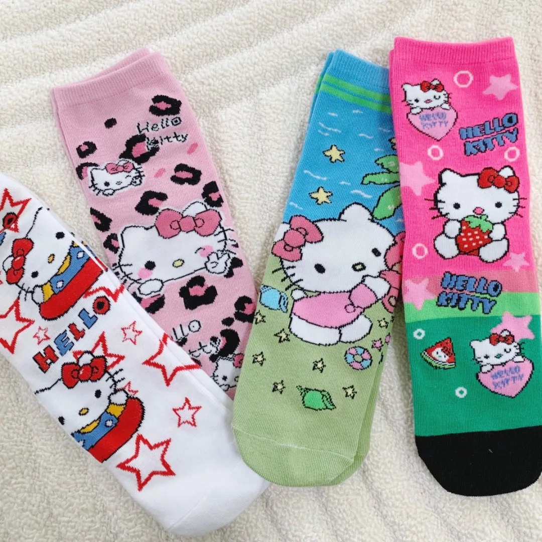 4 Pairs of Sanrio Hello Kitty Cartoon Anime Cute Mid-Calf Socks for Women