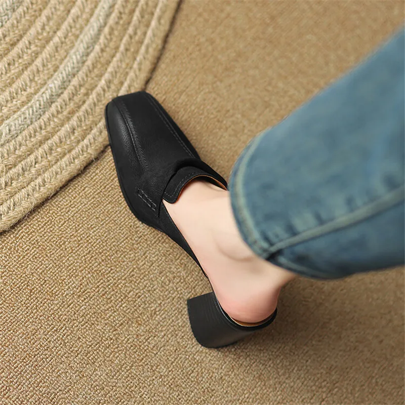 2023 Summer Women Shoes Genuine Leather Shoes Women Simple Retro Women Slippers Chunky Heel Shoes Square Toe Slippers Mules