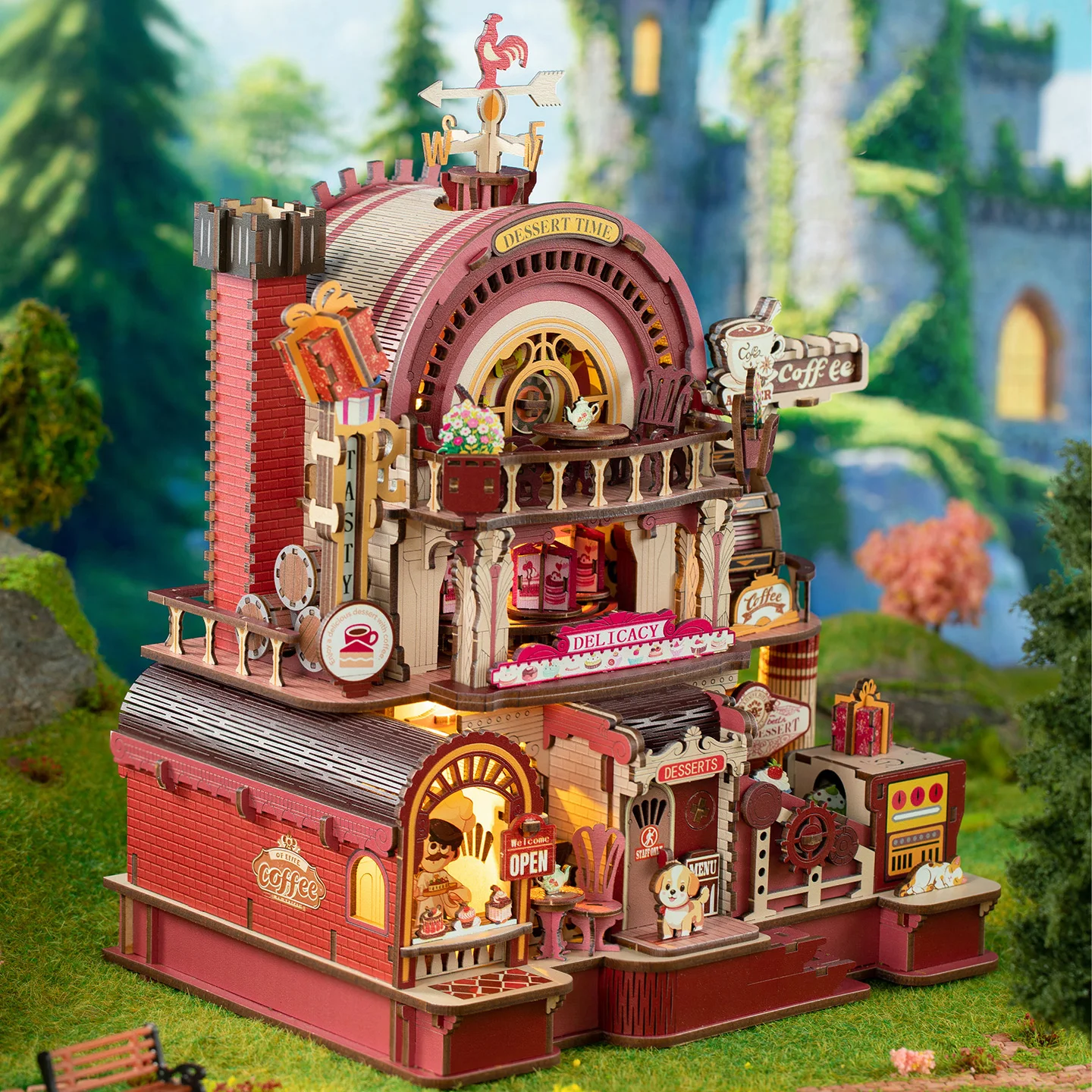 

DIY Wooden Mechanical Rotation Miniature Model Kit Dessert Atelier Villa 3D Puzzle With Furniture for Friends Birthday Gifts