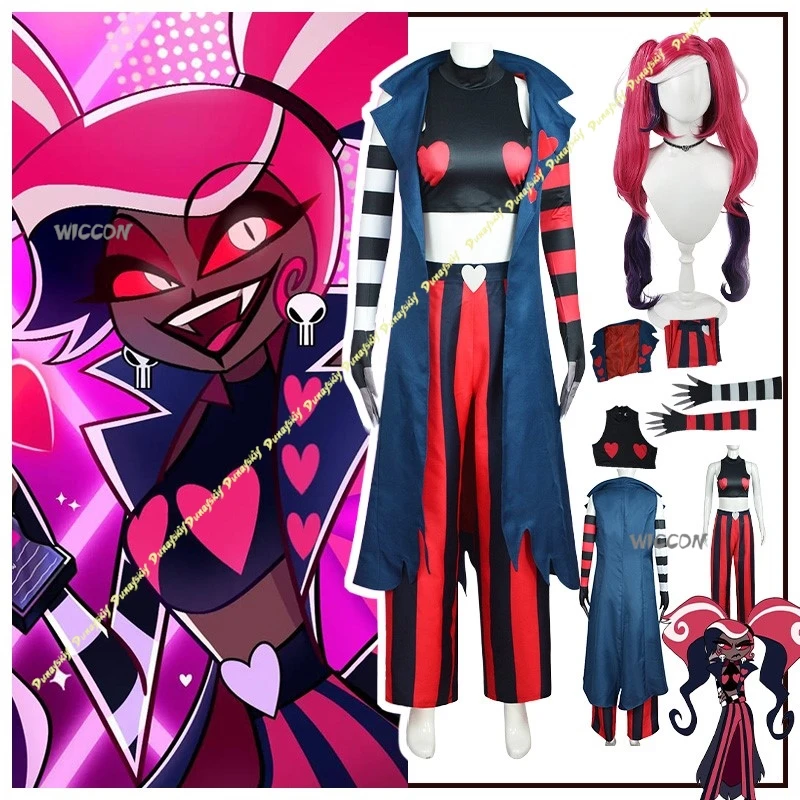 

Anime Hotel Girls Velvet Wig 80CM Red Skirt Cosplay Costumes Trousers Red Blue Striped Sexy Women Clothe Christmas Halloween Set