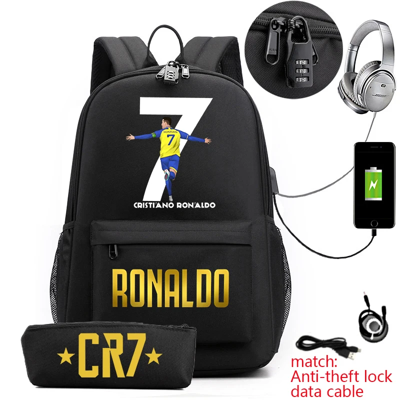 Ronaldo print borsa da scuola primaria e secondaria zaino per giovani borsa da viaggio USB con serratura antifurto