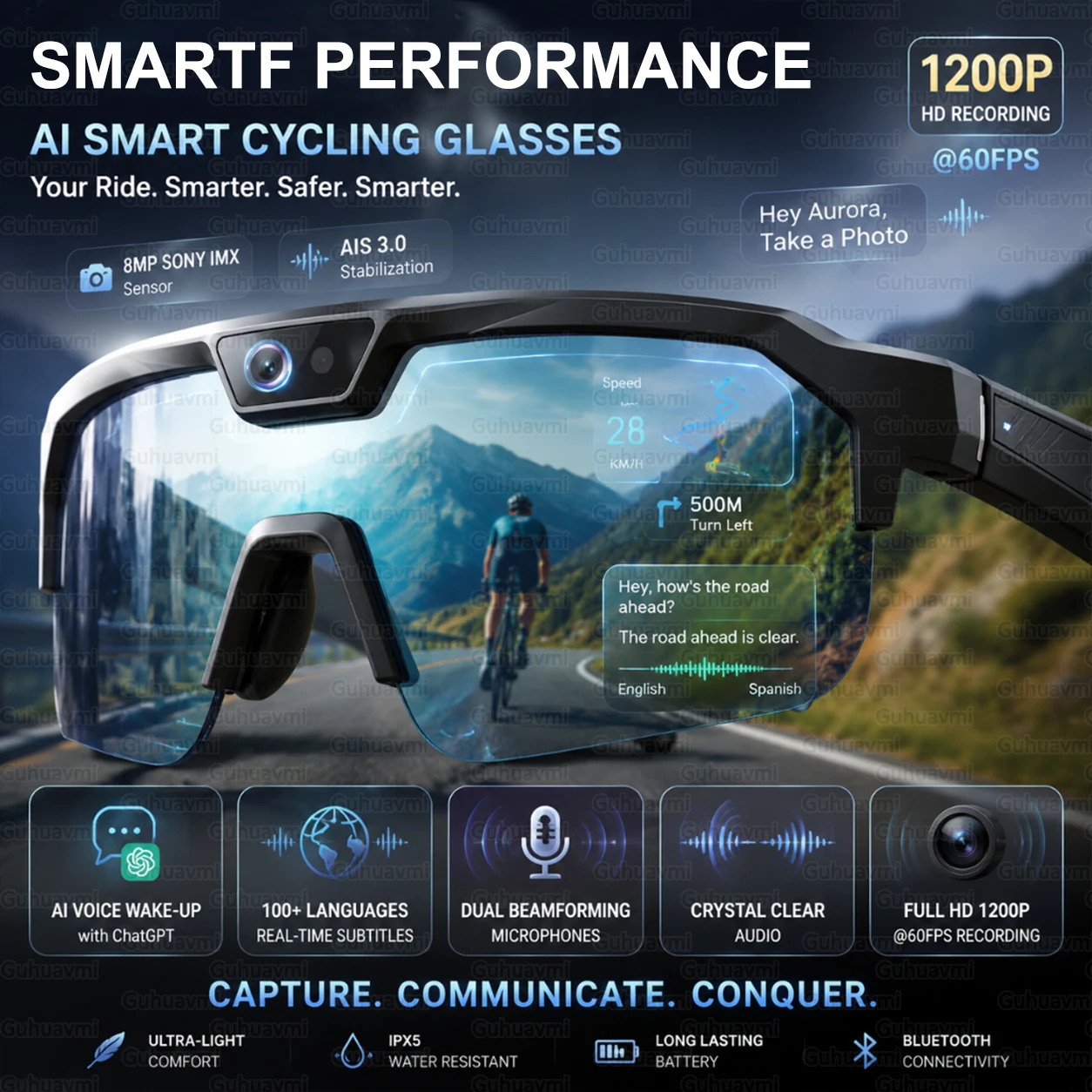 AI Smart Cycling Glasses 1200P 60FPS HD Camera AIS Stabilization ChatGPT Voice Translation UV400 Bike Motorcycle Sports Goggles