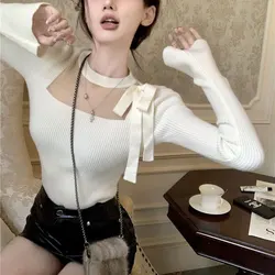 French Style Fashion Bow T-shirt Autumn Winter Sexy Gauze Patchwork Women's Clothing Solid Color Slim Knitted Basic Pullovers