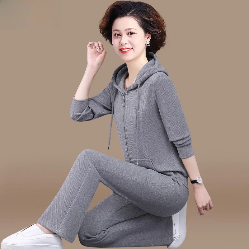 

Faionable Autumn Outfit Two-Piece Set for Older Women Running Spor Casual Mommy Clothes Zipper Hooded Jaet And Long Pants