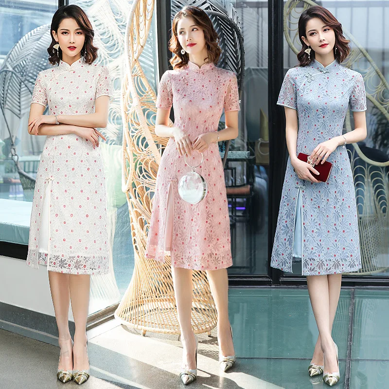 

Summer New Lace Women Short Sleeve Qipao Chinese Traditional Lady Party Dress Female Embroidery Aodai Cheongsam