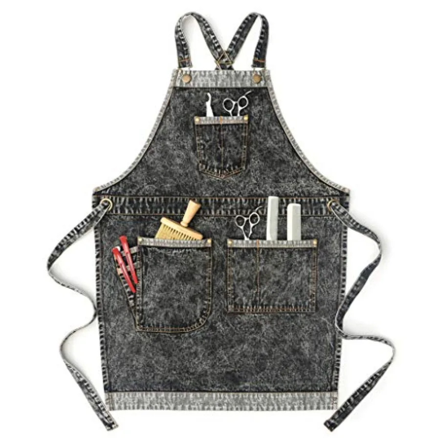 

Denim Hair Stylist Tool Apron with Pockets for Women - Jean Work Apron Cross Straps and Adjustable S to M