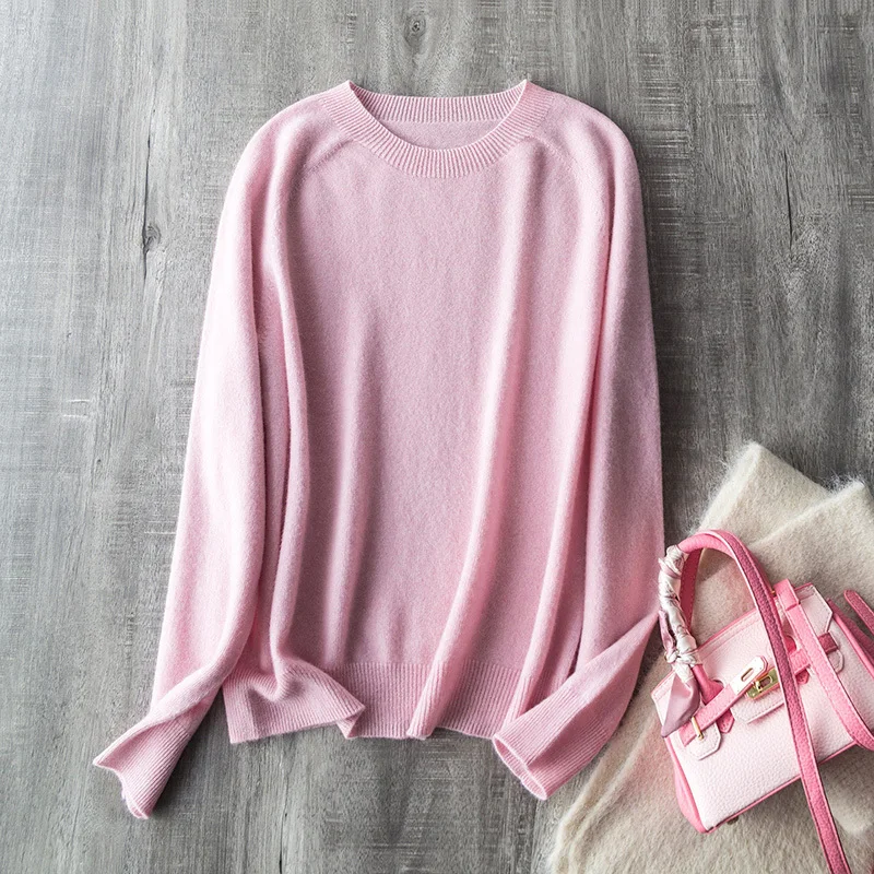 Women Wool Cashmere Seamless Sweater Autumn Winter Soft Round Neck Loose Basic Knit Pullover 95% Wool 5% Cashmere