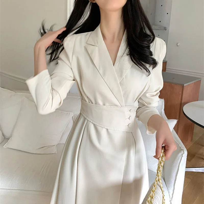 2026 nuevo vestido de mujer coreano Chic elegante cuello abatible cruzado de encaje Puff manga vestido camisero ajustado vestidos de longitud media para mujer