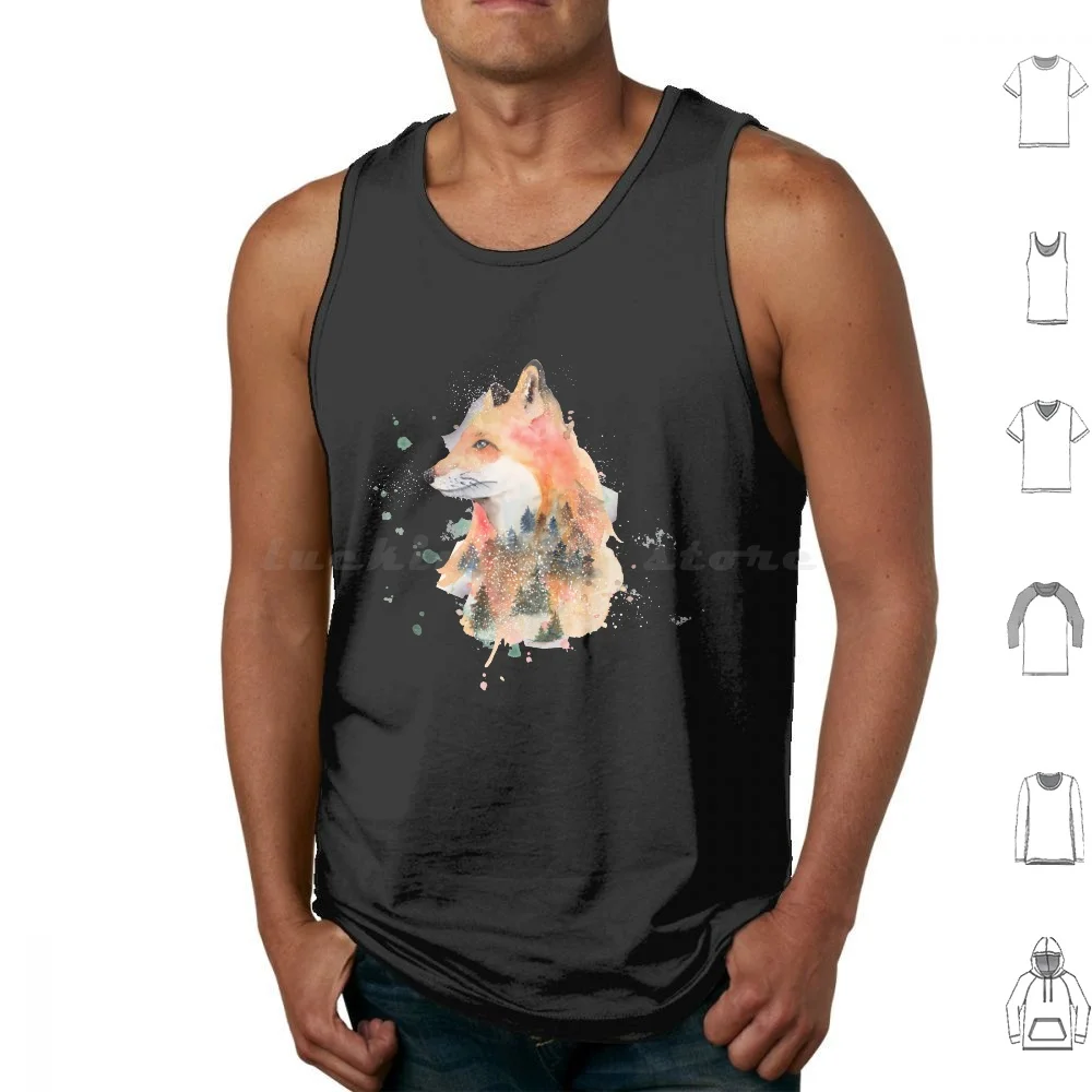 Cute Fox With Forest Watercolour Design Tank Tops Vest Sleeveless Forest Fox Animal Nature Cute Wild Trees Woods Green Orange