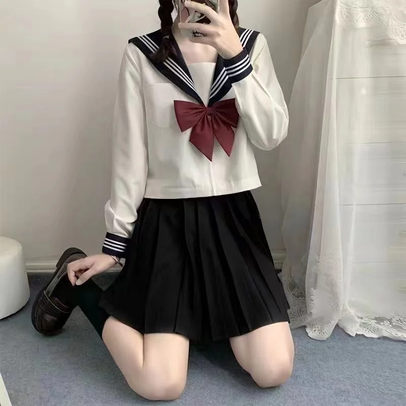 Uniforme SвJK avec Col Noir et Lignes Blanches pour Femme, Costumes de Marin, Jupe Plissée, Vêtements de Style Japonais, Anime COS