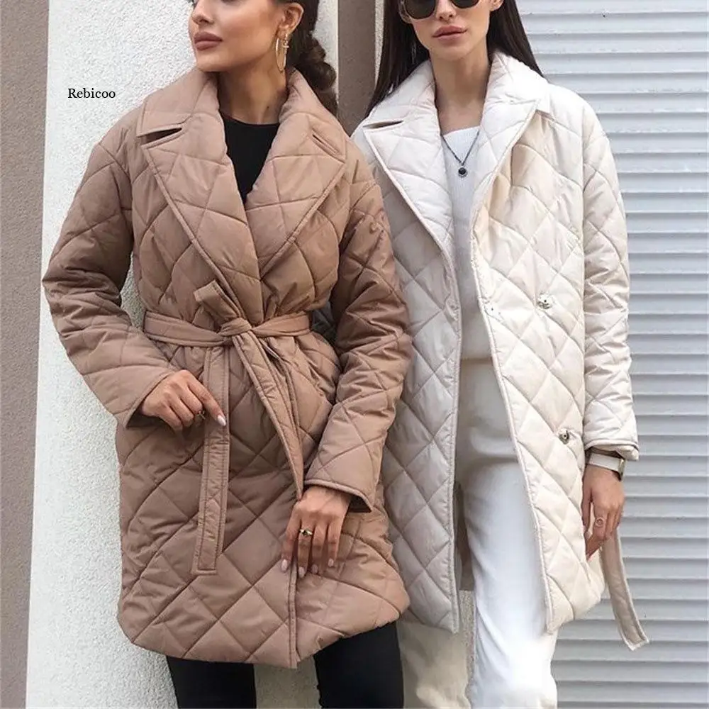 Elegant Lace-Up Pocket Women Parkas Coat Winter Office Lady Long Sleeves Lapel Loose Female Solid Warm Coat