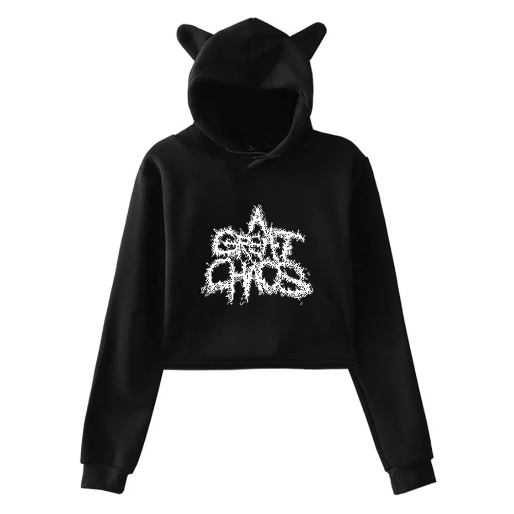 Ken Carson A Great Chaos Crop Top Hoodie Women Streetwear Hip Hop Kawaii Cat Ear Harajuku Cropped Sweatshirt Pullover Tops