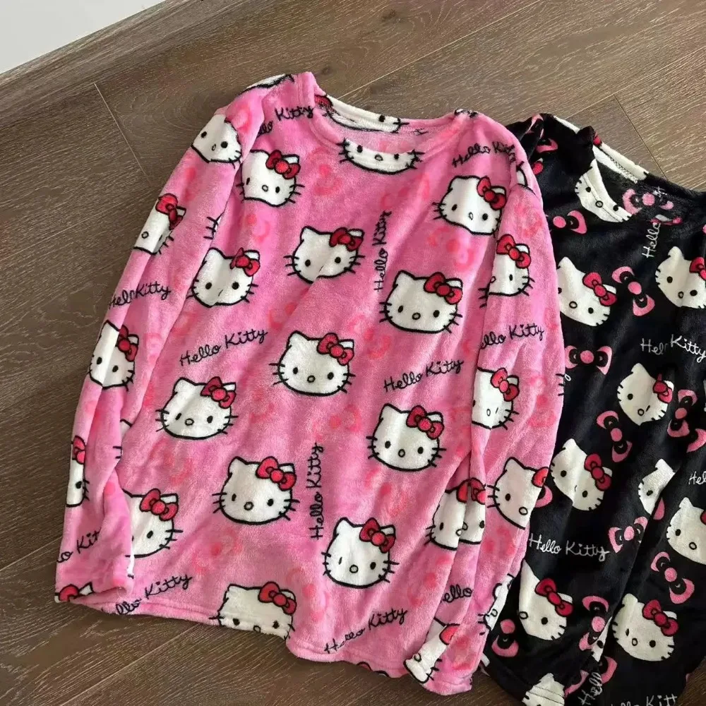 

Модные пижамы Sanrio Hello Kitty, повседневные домашние брюки Y2k, одежда, осенне-зимняя ночная рубашка, фланелевая домашняя одежда, женская теплая одежда для сна