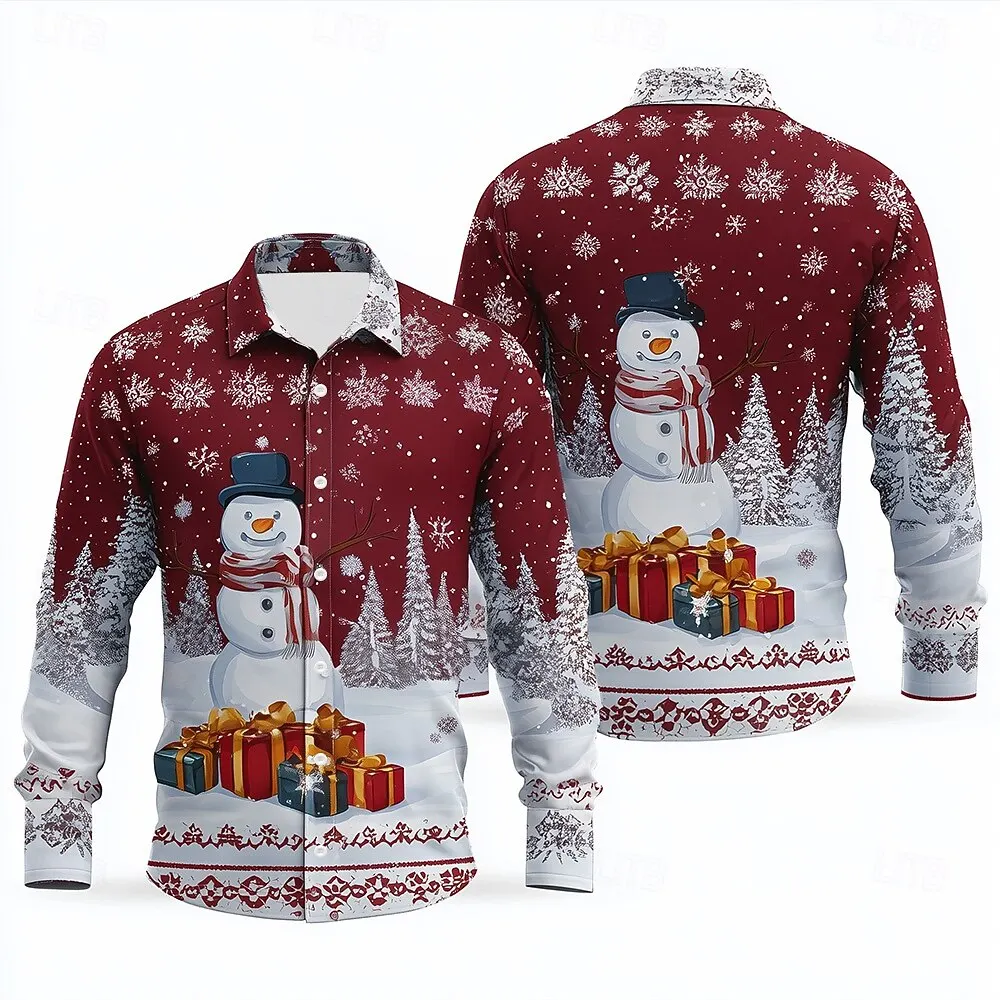 Camisa de manga larga con estampado de muñeco de nieve de Navidad en 3D para hombre, camiseta informal holgada con solapa, camisetas de regalo de Año Nuevo, ropa de Navidad a la moda