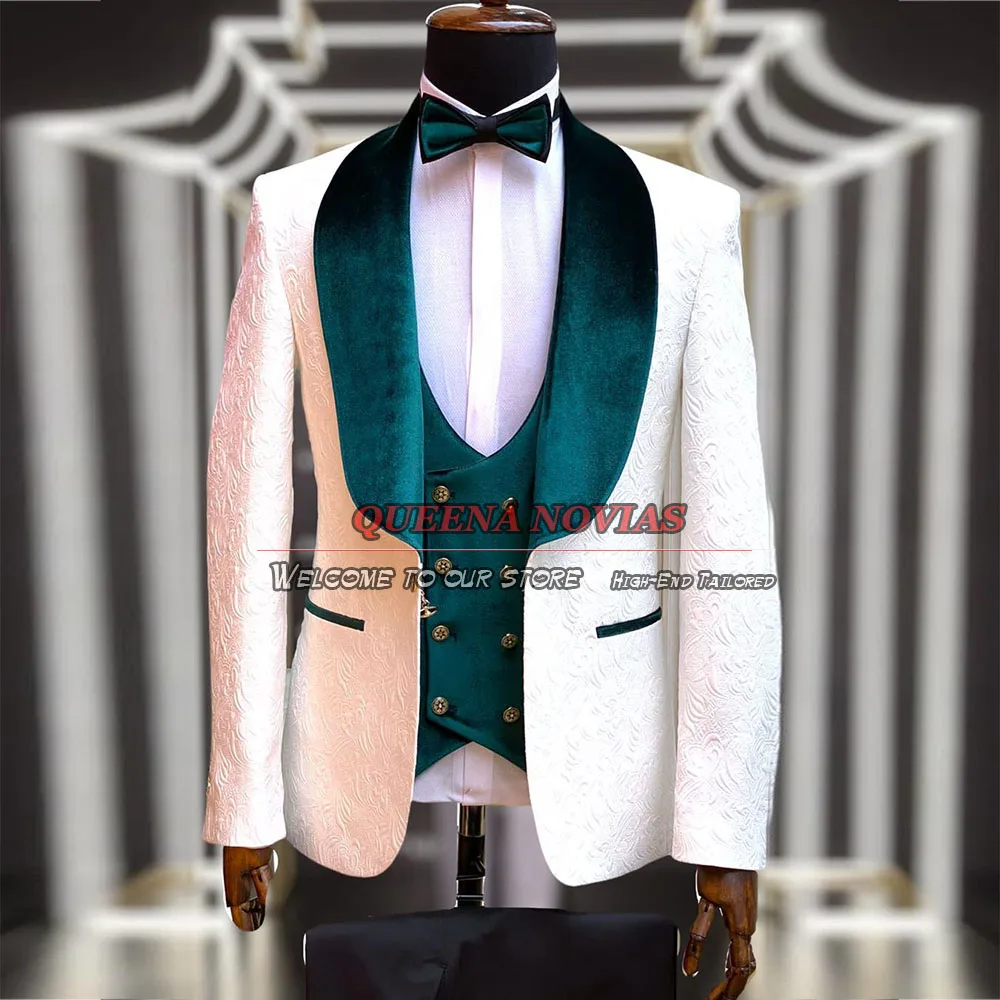 Elegante 3 peças noivo ternos homens magro branco jacquard casamento smoking feito sob medida veludo lapple blazer terno masculino completo