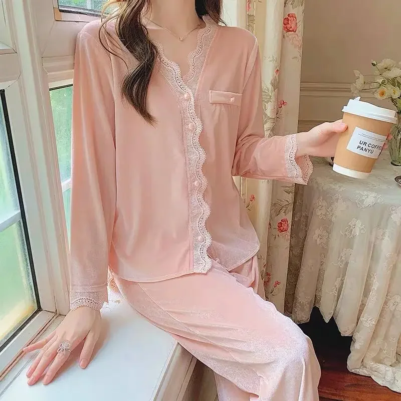 Pajama Sets Women Solid Lace Sexy Daily Creativity Ladies All-match Cozy Leisure Delicate Tender Simple Korean Style Autumn Ins