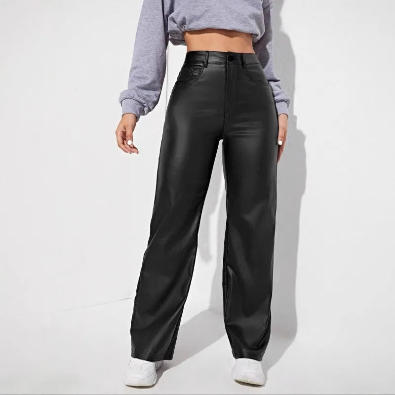 

Женские длинные брюки, женские осенние и зимние брюки из искусственной кожи со средней талией, прямые брюки, повседневные женские модные и индивидуальные элитные брюки