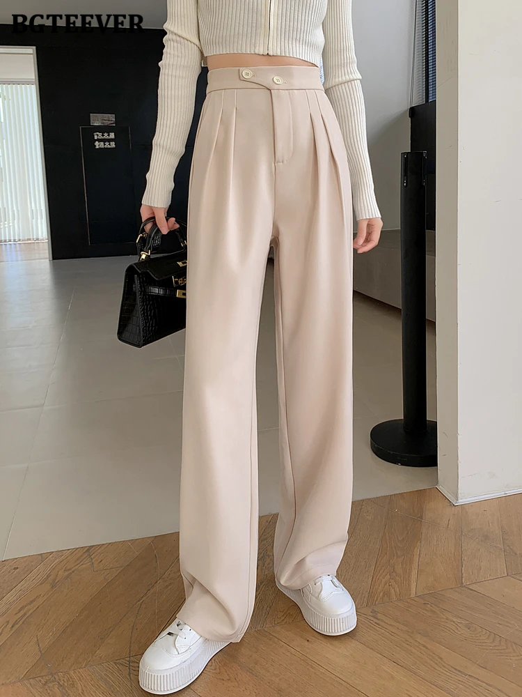 BGTEEVER Elegant High Waist Loose Pockets Female Wide Leg Suit Pants Spring Summer Stylish Solid Straight Trousers Women