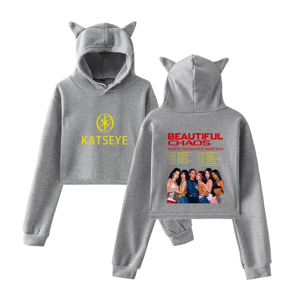 Katseye Merch 2025 جولة الفوضى الجميلة هوديس Kawaii القط الأذن الرباط هوديس البلوز البلوفرات الموضة #3